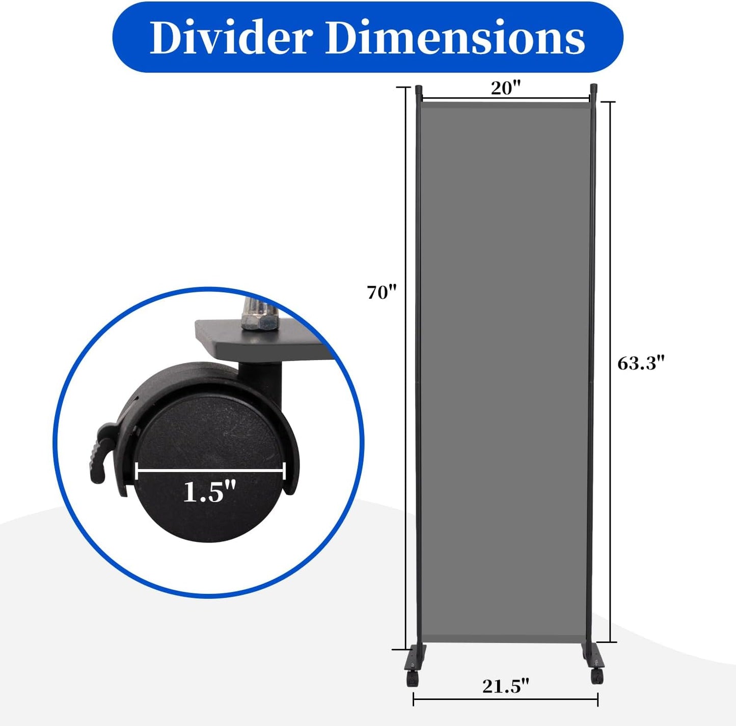 Room Divider 6FT Room Partition with Lockable Wheels, 1 Panel (Thicked Metal Base) Room Dividers, Freestanding Indoor Folding Privacy Screens, Portable Fabric Wall Divider for Room Separation, Grey