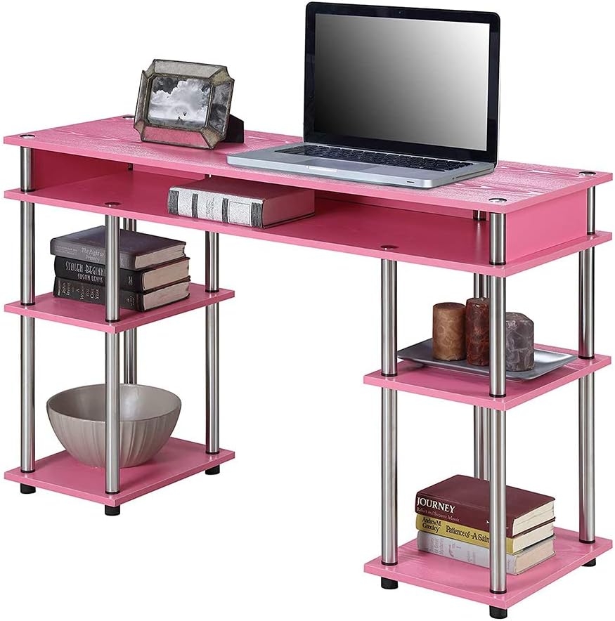 Convenience Concepts Designs2Go No Tools Student Desk 47.25" - Contemporary Office, Dorm Room Desk and Vanity with Storage Shelves, Pink