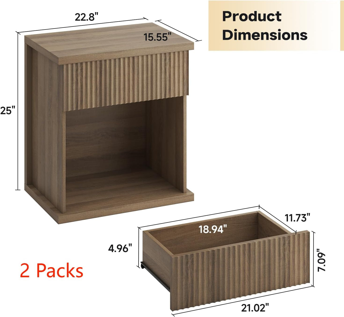 Fluted Nightstand Set of 2, 22.8" Wide Nightstands with Drawer Storage Large Wood BedsideTable Night Stands for Bedroom, Natural Oak