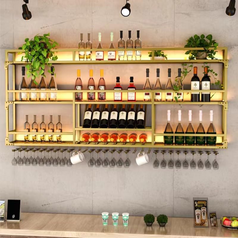 Metal Wall-Mounted Wine Rack with LED Light - 3 Tier Wine Storage Display Rack with Glass Holder - Space-Saving Bottle Display Shelf for Home Bars, Dining Rooms(Gold, 31in/80cm)