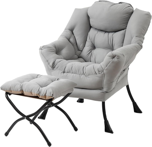Lazy Chair with Folding Ottoman, Modern Accent Lounge Armchair with Armrests and a Side Pocket & Foldable Footstool, Leisure Reading Chair for Living Room, Bedroom, Dorm & Office, Light Grey