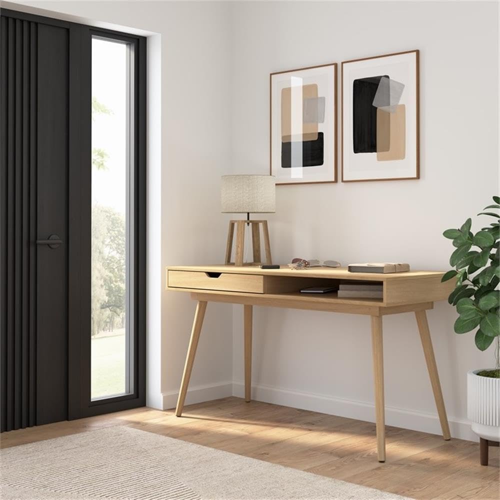 Bush Furniture Nora 54W Writing Desk in Natural Oak | Computer Table for Home Office Workspace or Entryway