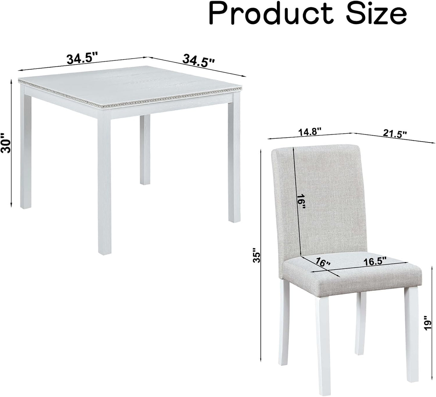 Dining Table Set for 4, 5-Piece Kitchen Table & Chairs Set with Versatile Square Table & 4 Upholstered Chairs, 34.5'' Dinner Set with Crystal Decorations & Wood Grain Design, Light White