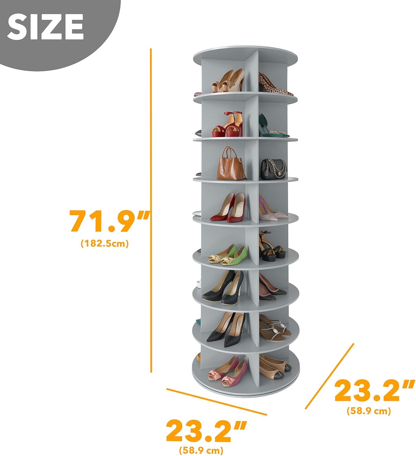 SpaceAid 8 Tier Rotating Shoe Rack Tower, Spinning Shoe Display Lazy Susan, Revolving 360 Shoe Rack Storage Round Carousel, Vertical Handbag Rotate Shoes Closet Organization (8-Tier Gray)