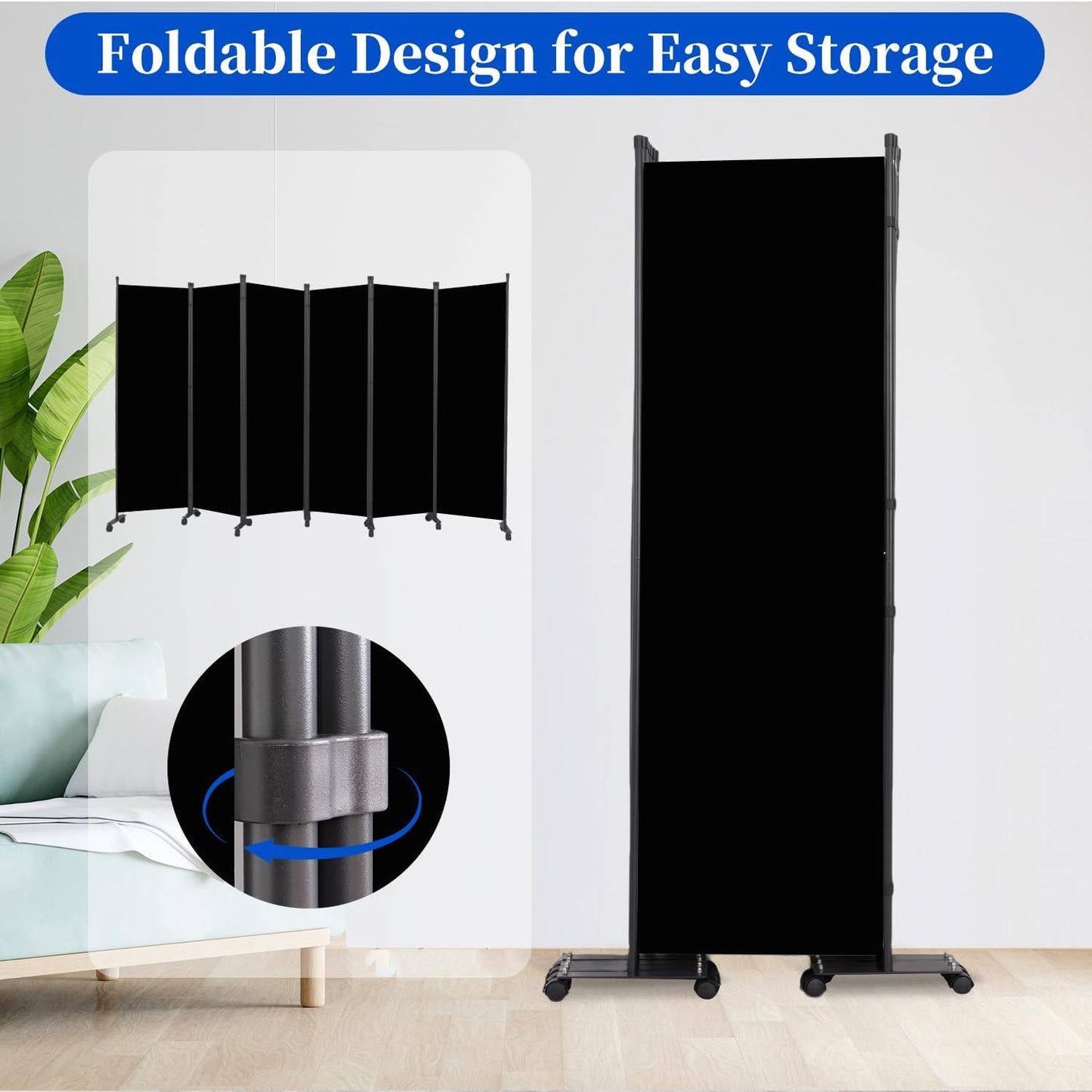 Room Divider 6FT Room Partition with Lockable Wheels, 6 Panel (Thicked Metal Base) Room Dividers, Freestanding Indoor Folding Privacy Screens, Portable Fabric Wall Divider for Room Separation, Black