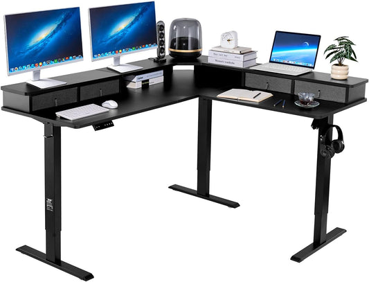 VEVOR 63'' Electric L Shaped Standing Desk, 3 Memory Height, 2-Tier Corner Table with 4 Drawers Storage, 2 Hooks & Cable Hole, Heavy Duty Carbon Steel Sit Stand Computer Workstation, Easy to Assemble