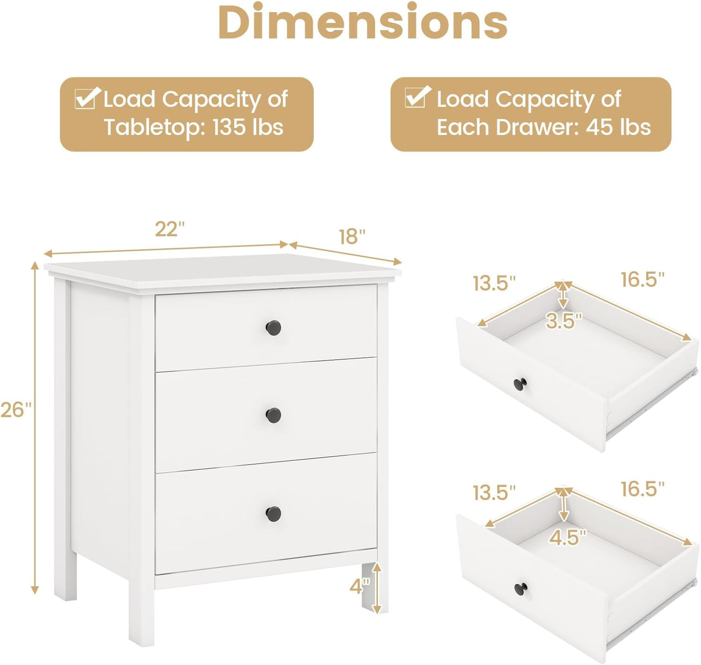 KOMFOTT 3 Drawers Nightstand, Wooden Bedside Table, Modern Sofa Side End Table, Space-Saving Telephone Table, Chest of Drawers for Living Room, Bedroom & Office (1, White)