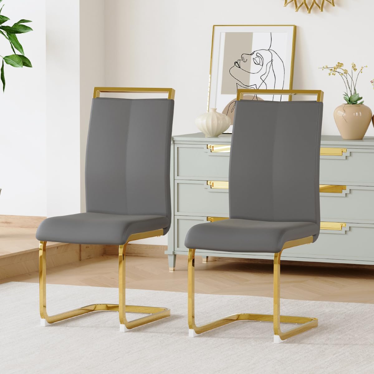 Dining Chairs Set of 2, Faux Leather Dining Chairs with Plated Chrome Metal Frame, Modern Kitchen Chairs Set with Padded Seat High Back for Dining Room, Kitchen Room, Living Room.