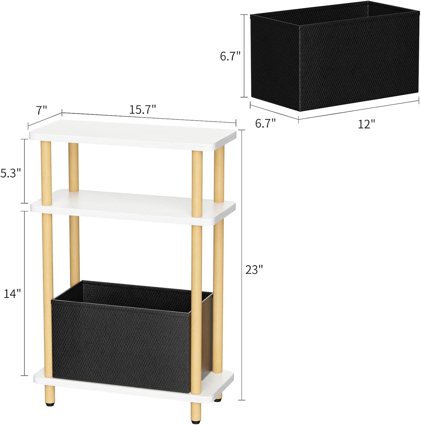 Narrow Side Table with Fabric Basket, 7" Wide, 3 Tier Skinny End Table with Wood Legs, Slim Nightstand/Bedside Table for Small Spaces, with Adjustable Feet, 15.7" L x 23" H