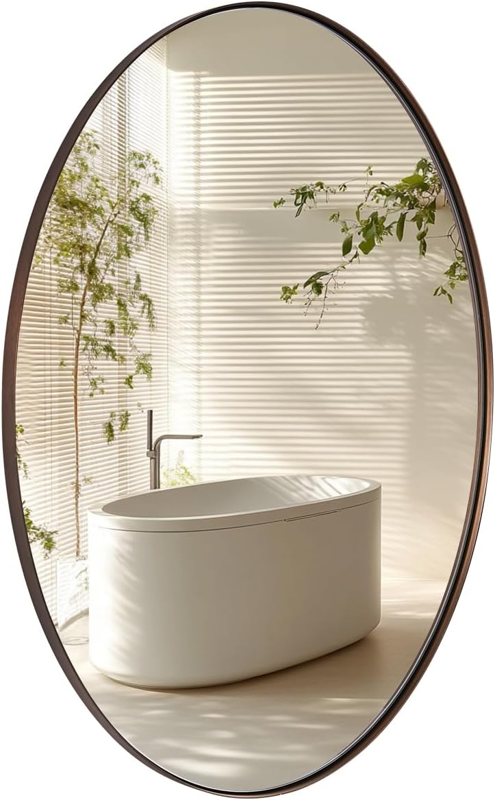 ANDY STAR Bronze Bathroom Mirror, 24x32 Inch Brushed Bronze Oval Mirror for Wall, Modern Bronze Mirror for Bathroom with Stainless Steel Metal Frame, Wall Mount Horizontal or Vertica