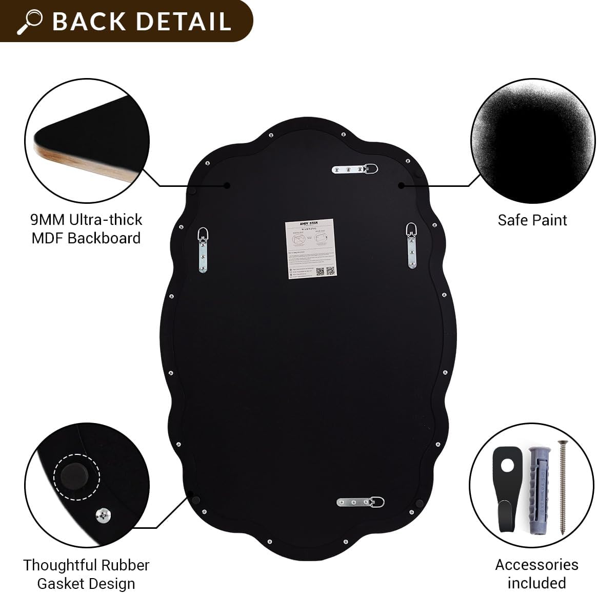 ANDY STAR Matte Black Scalloped Wall Mirror -24x36 Irregular Bathroom Vanity Mirror for Vanity, Living Room & Entryway, Anti Rust Stainless Steel Wall Mount Horizontal or Vertical