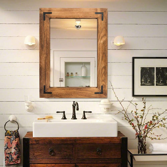 YOSHOOT Rustic Wooden Framed Wall Mirror, Natural Wood Bathroom Vanity Mirror for Farmhouse Decor, Vertical or Horizontal Hanging