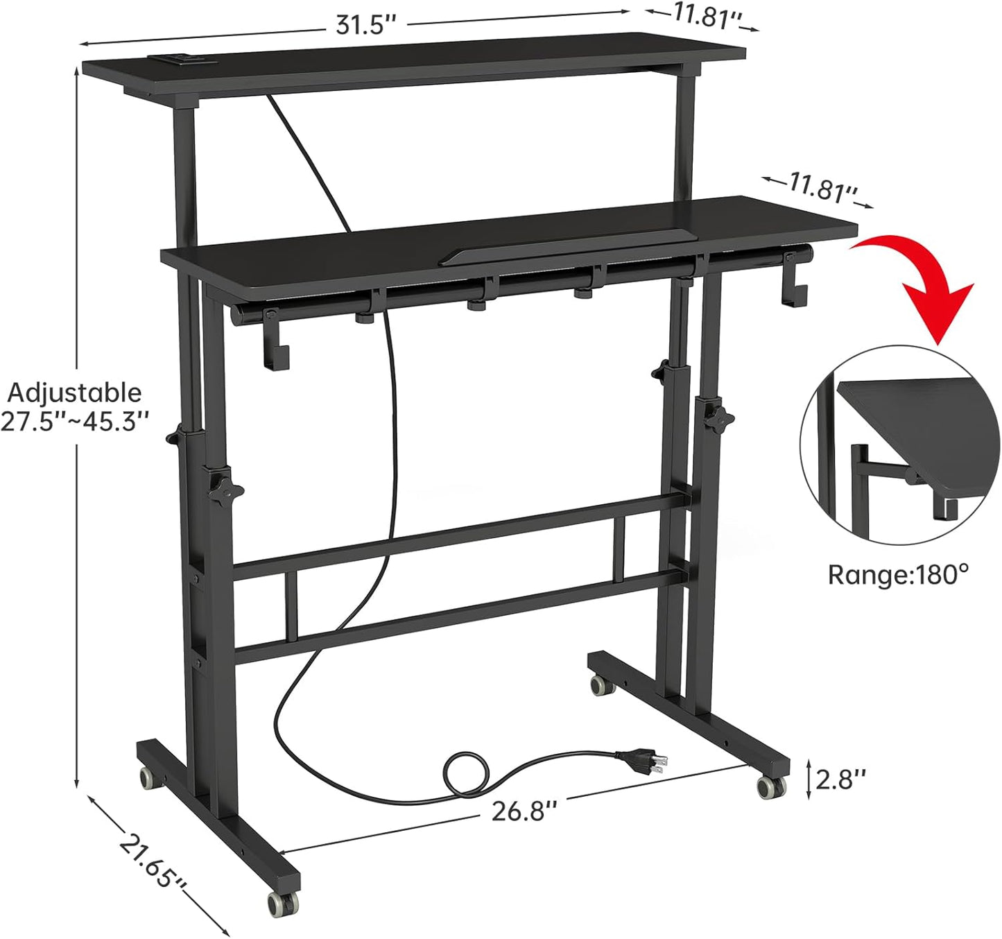 SIDUCAL Portable Standing Desk Adjustable Height, Rolling Computer Desk on Wheels, Mobile Home Office Workstation with USB Ports and Outlets, Laptop Cart for Standing or Sitting, 31.5" x 23.6" Black