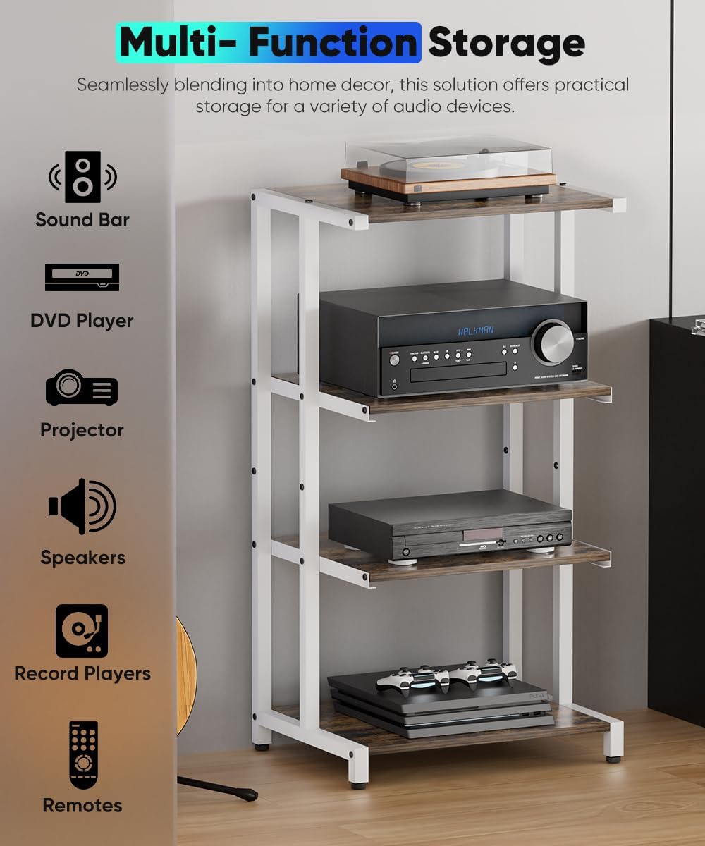 4-Tier Wooden Media Stand, AV Media Stand Corner Shelf for TV Accessories/Audiovisual Equipment/Optical Disc/PS4, Audio Storage Rack for Living Room, Gaming Room, Music Studio, White