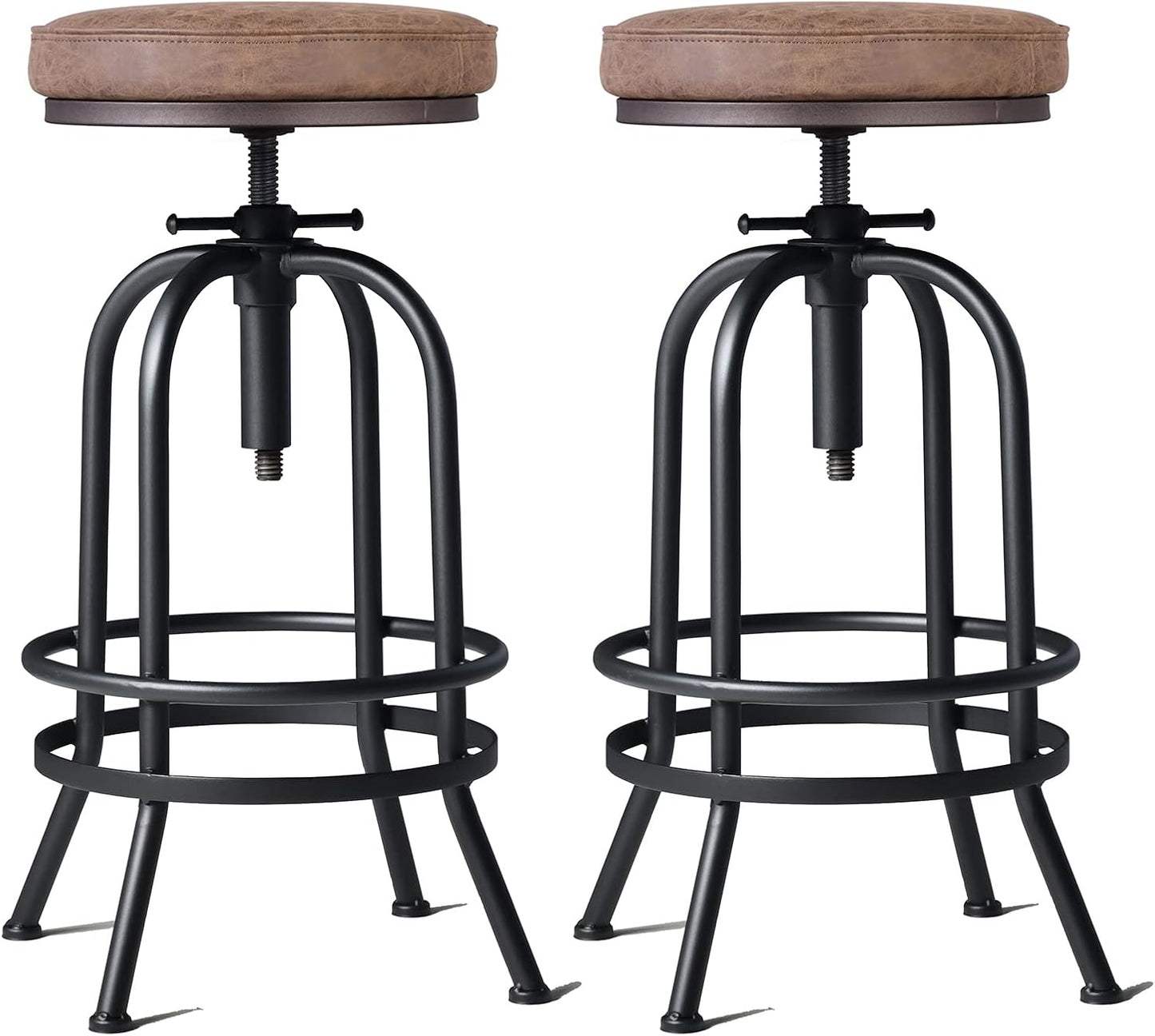 LOKKHAN 32 Inch Vintage Industrial Bar Stool-Swivel Upholstered Metal Bar Height Adjustable Kitchen Counter Breakfast Cafe Stools 2 Pack-Extra Tall 26"-32",PU Leather,Welded