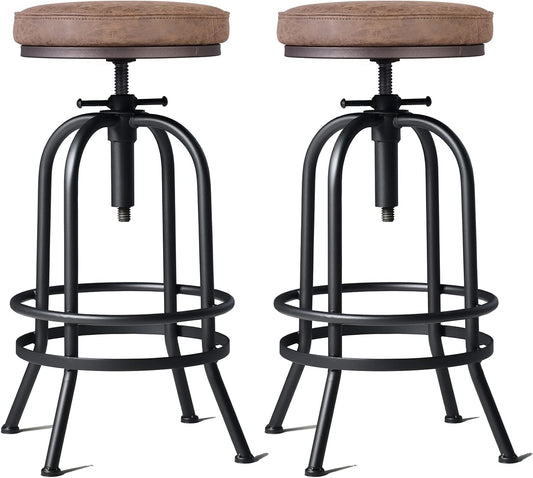 LOKKHAN 32 Inch Vintage Industrial Bar Stool-Swivel Upholstered Metal Bar Height Adjustable Kitchen Counter Breakfast Cafe Stools 2 Pack-Extra Tall 26"-32",PU Leather,Welded
