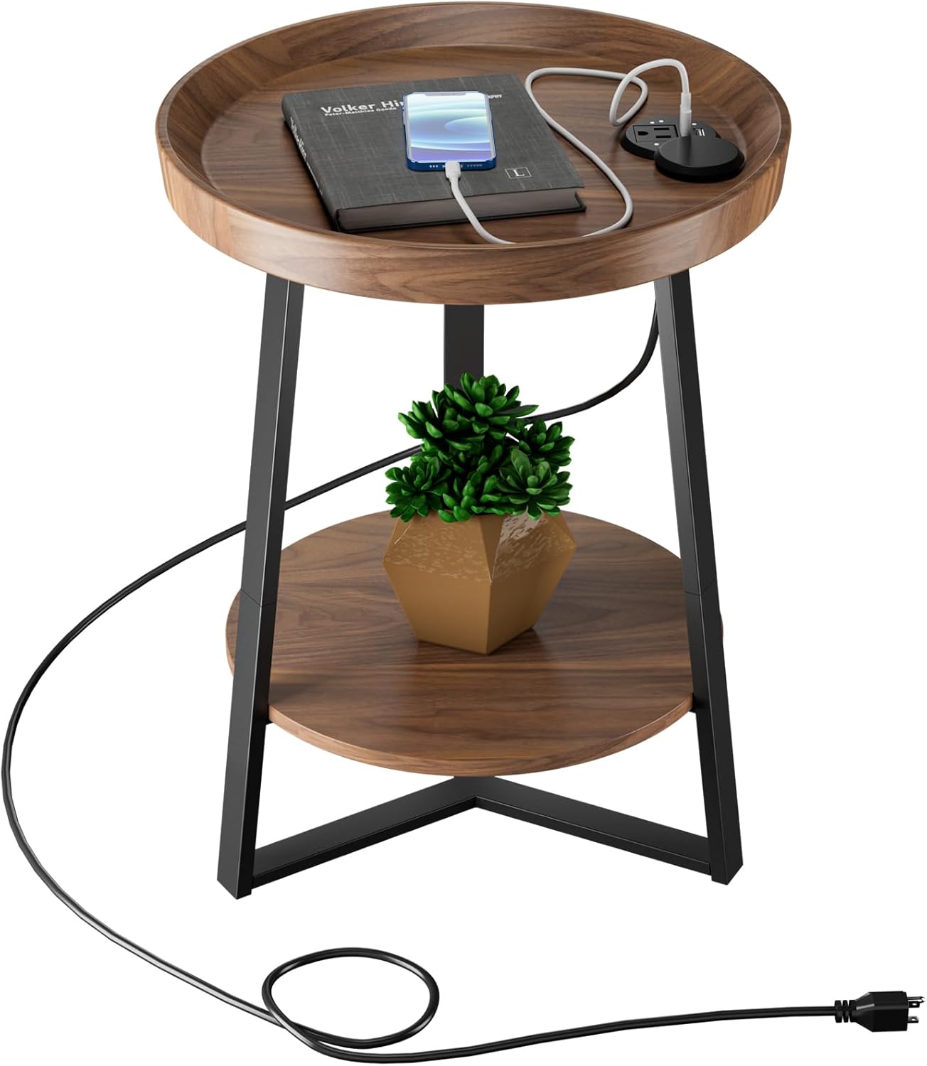 Gadroad Round End Table with Charging Station, USB Ports, Wood Tabletop & Black Metal Frame, 2-Tier Side Table for Living Room, Bedroom, Brown 15.7 * 15.7 * 23.0inches