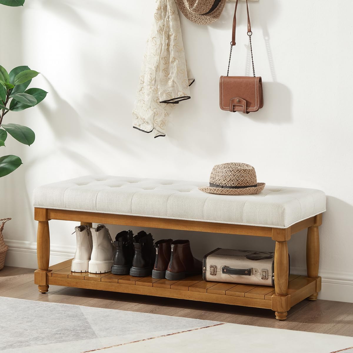 24KF Large Rectangular Upholstered Tufted Bed Bench, Linen Fabric Storage Ottoman Bench for Living Room, Padded Entryway Bench with Solid Wood Shelf,5098-Ivory