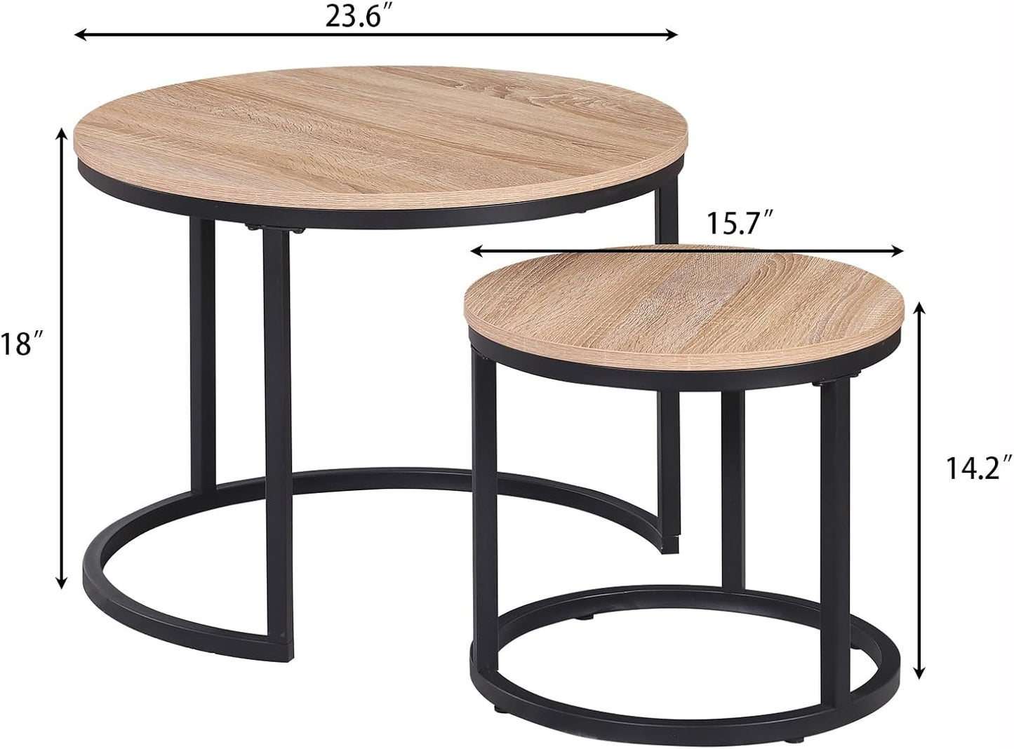 CENSI 24" Round Nesting Table, Accent Coffee Table, Natural Oak, Light Wooden Finish, Space-Saving, Modern Industrial Style