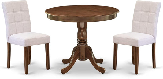 East West Furniture ANAS3-AWA-08 3 Piece Kitchen Dining Table Set contain A Modern Table and 2 Mist Beige Polyester Fabric Upholstered Dining Chairs, Antique Walnut