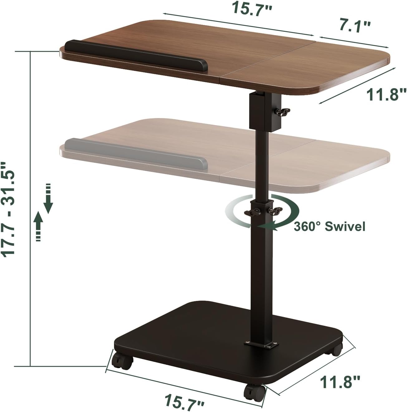 Adjustable Height C Shaped End Table with Wheels,360°Swivel Side Table, Top Tilting Laptop Stand TV Table for Sofa/Bed, Couch Tables that Slide under,Small Coffee Table for Living Room (walnut)