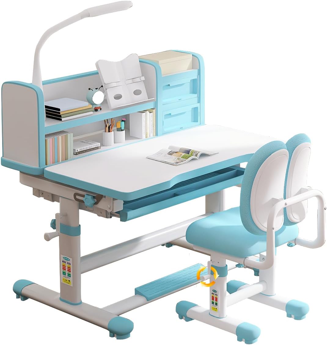 Kids Study Table and Chair Set Blue Height Adjustable Child's School Study Writing Tables Kids Desk and Chair Set Adjustable Art Desk Girls for Bedroom with Large Writing Board and Drawer