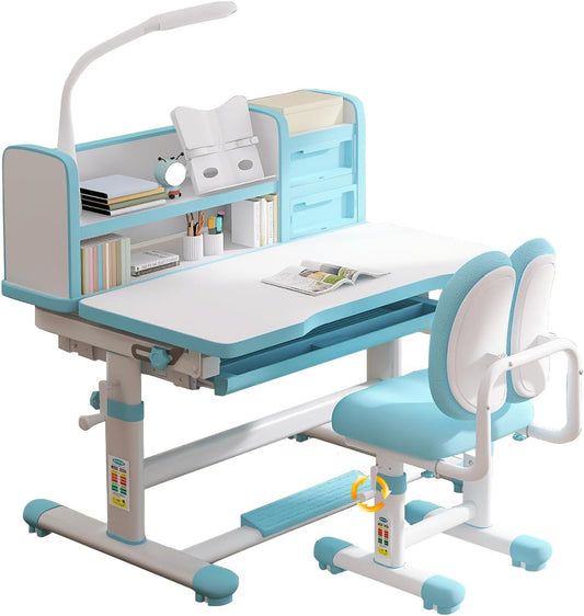 Kids Study Table and Chair Set Blue Height Adjustable Child's School Study Writing Tables Kids Desk and Chair Set Adjustable Art Desk Girls for Bedroom with Large Writing Board and Drawer