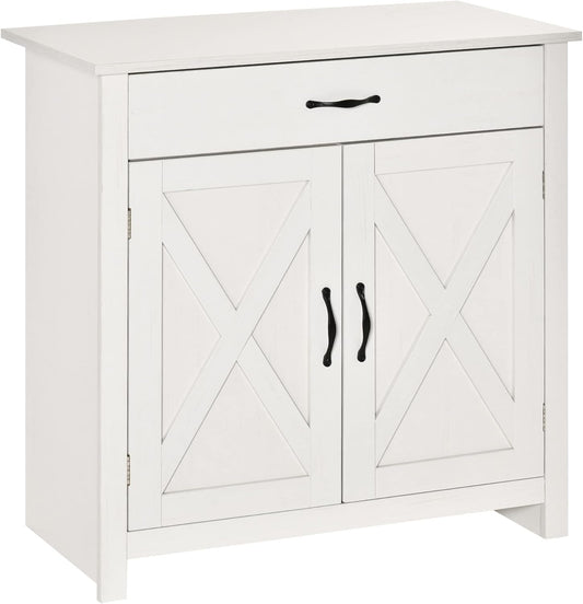 HOMCOM Farmhouse Sideboard Buffet Cabinet, Barn Door Coffee Bar Cabinet with Drawer and Adjustable Shelf, for Living Room, Entryway, White Wash