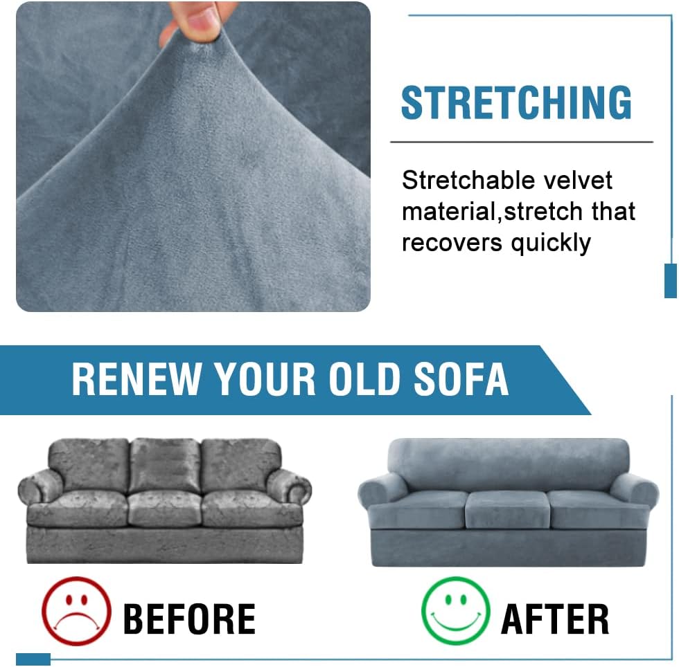 H.VERSAILTEX Sofa Cover 4 Piece T Cushion Sofa Slipcovers Thick Velvet Couch Cover Furniture Protector Stretch Sofa Covers for 3 Cushion Couch with 3 Individual Covers Washable, Stone Blue