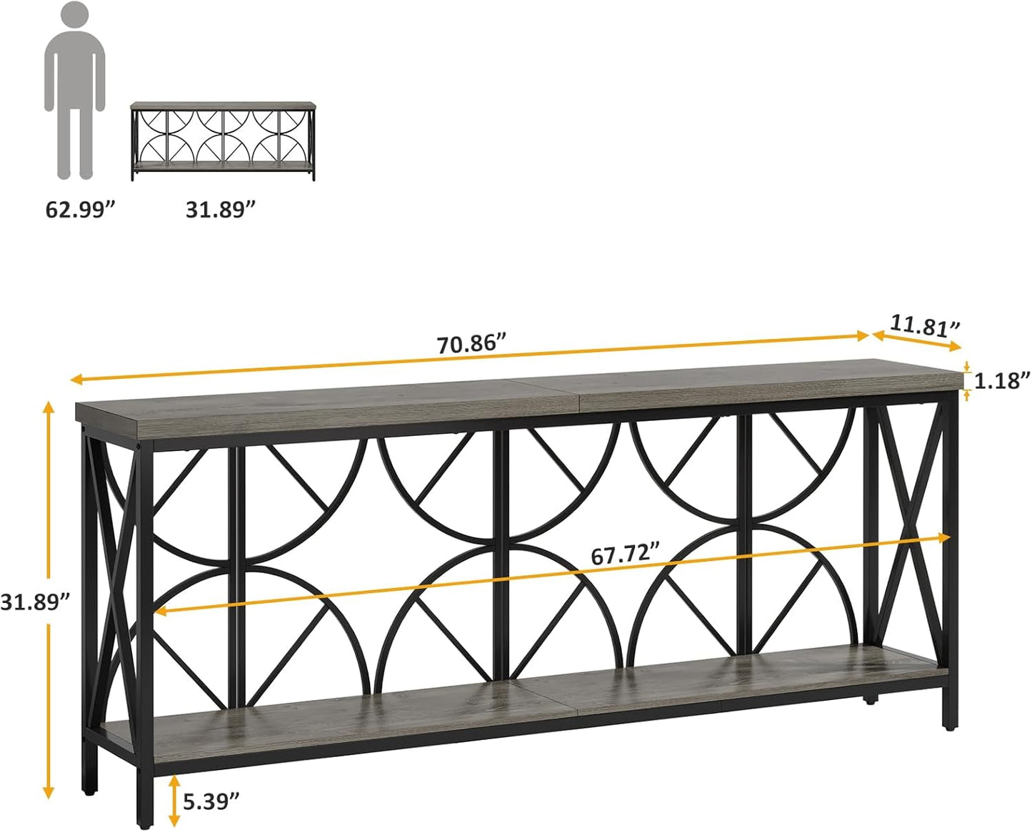 70.9-Inch Extra Long Sofa Table, Narrow Console Table Behind Couch with Storage for Entryway, Living Room, Entrance, Hallway, Foyer, Unique Geometric (Grey)