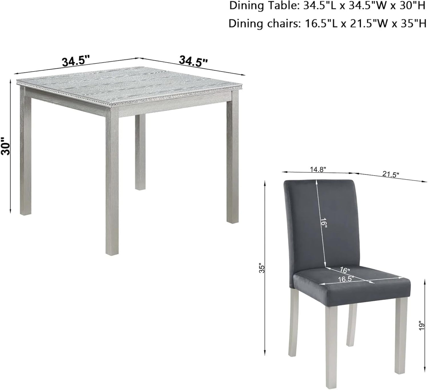 Dining Table Set for 4, 5-Piece Dining Room Table Set with Square Crystal Decoration Table & 4 Upholstered Backrest Chairs, Counter Height Kitchen Sets with Faux Wood Grain Design, Grey
