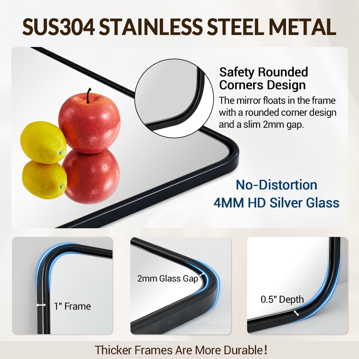 ANDY STAR Black Rectangle Mirror, 24x36 Inch Stainless Steel Metal Frame Bathroom Mirror for Over Sink, Modern Rounded Corner Black Vanity Wall Mirror, Hangs Horizontally or Vertically