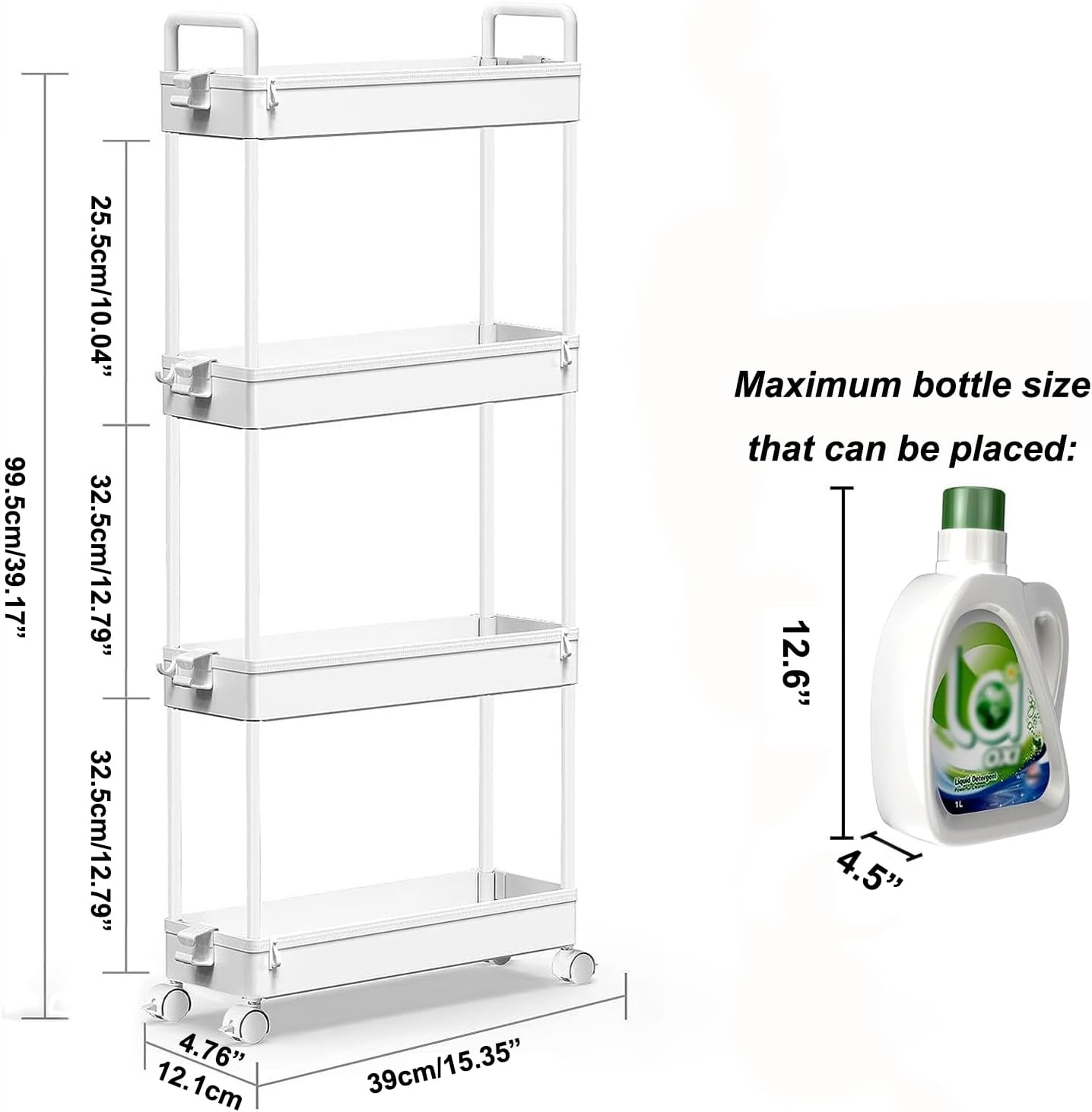 SOLEJAZZ Slim Rolling Storage Cart with Wheels 4 Tier Skinny Bathroom Storage Organizer Narrow Shelf Unit Thin Laundry Room Utility Cart for Bedside Kitchen Office Next to Fridge Small Places, White