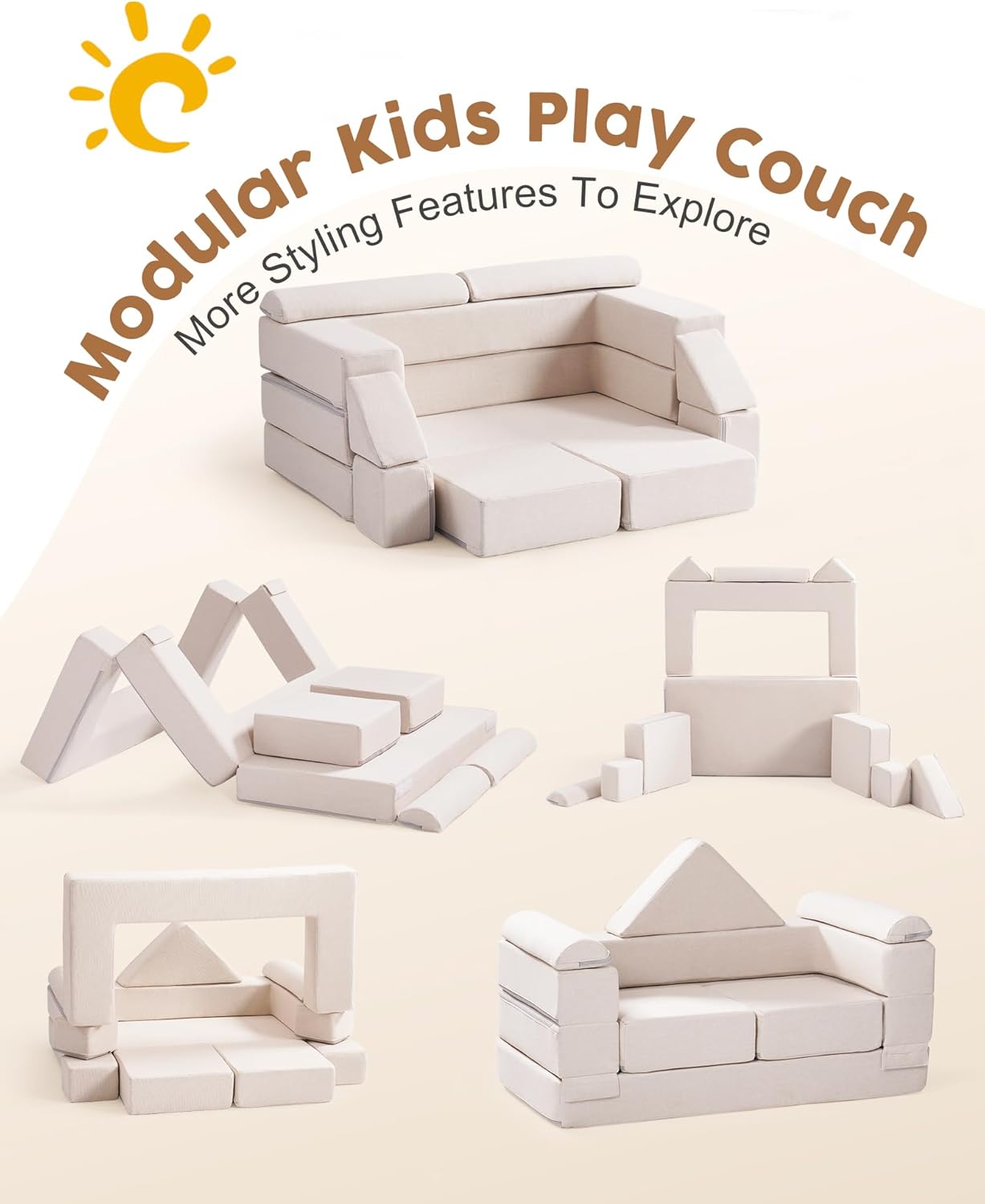 ROBUD Kids Couch, Beige Modular Kids Play Couch, DIY-Style & Washable Toddler Sofa for Playroom, Bedroom, Nursery, WG411