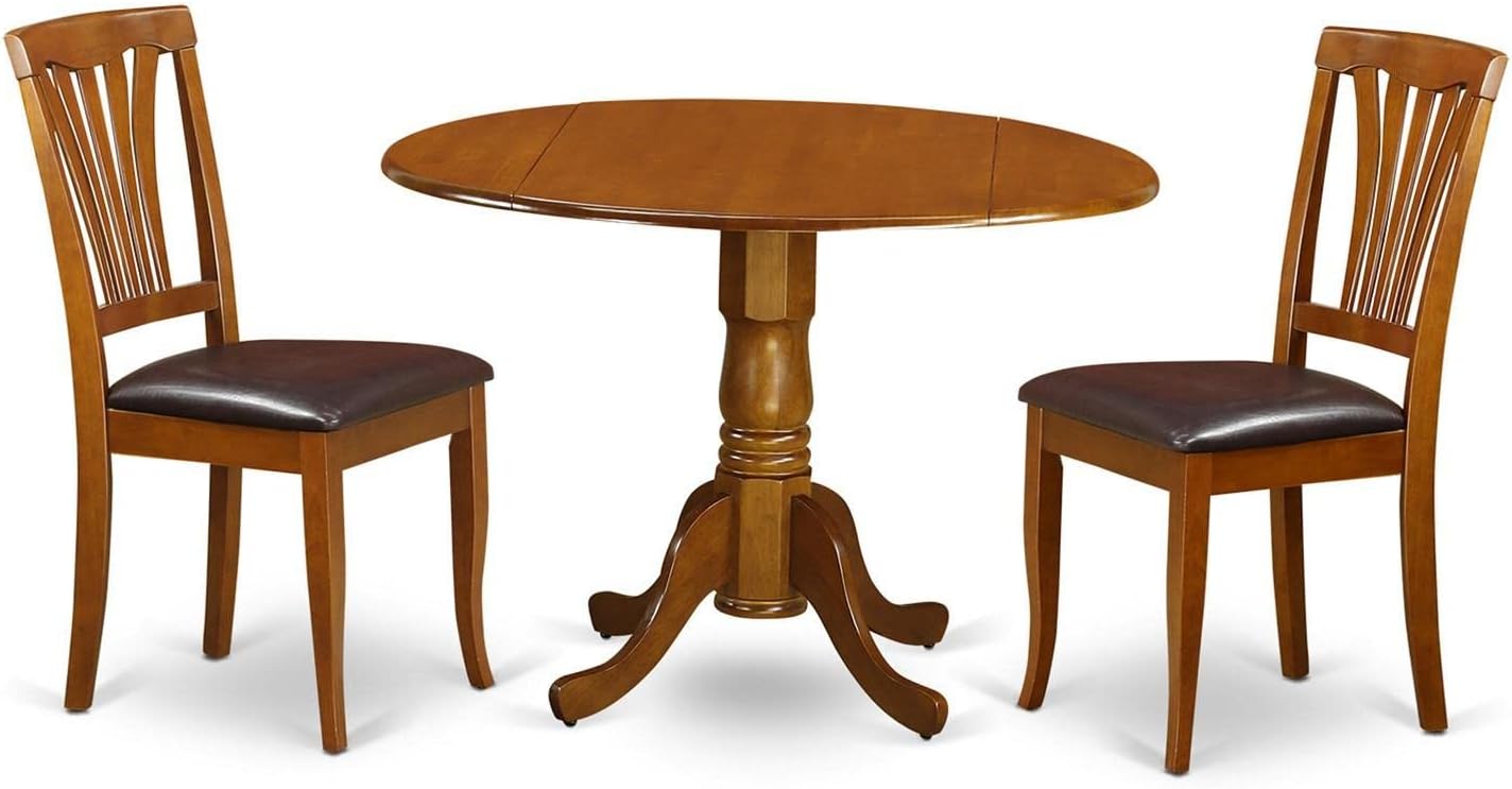 East West Furniture DLAV3-SBR-LC 3 Piece Dining Set Contains a Round Dining Table with Dropleaf and 2 Faux Leather Kitchen Room Chairs, 42x42 Inch, Saddle Brown