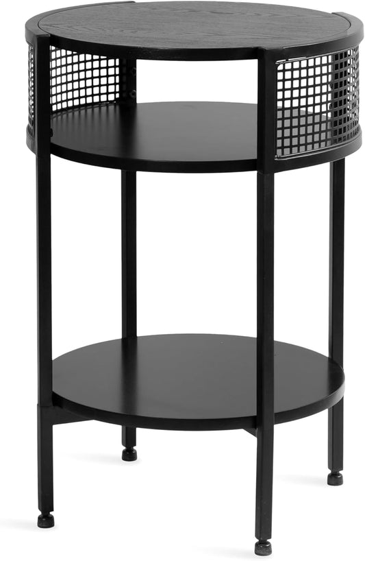 Kate and Laurel Urso Modern Tiered Round Side Table, 16 x 15 x 25, Black, Transitional Two-Tier Circle Living Room Table with Storage and Metal Mesh Construction