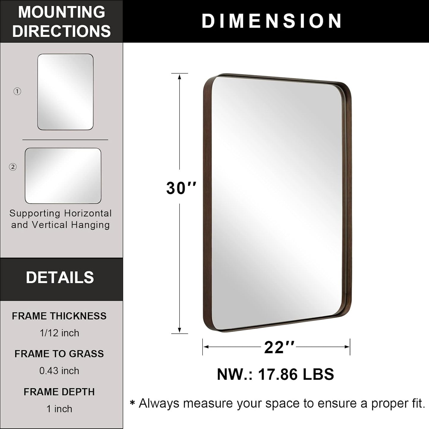 ANDY STAR Wall Mirror for Bathroom, 22" X 30" Bronze Bathroom Mirror with Stainless Steel Metal Frame Rounded Corner 1’’ Deep Set Design