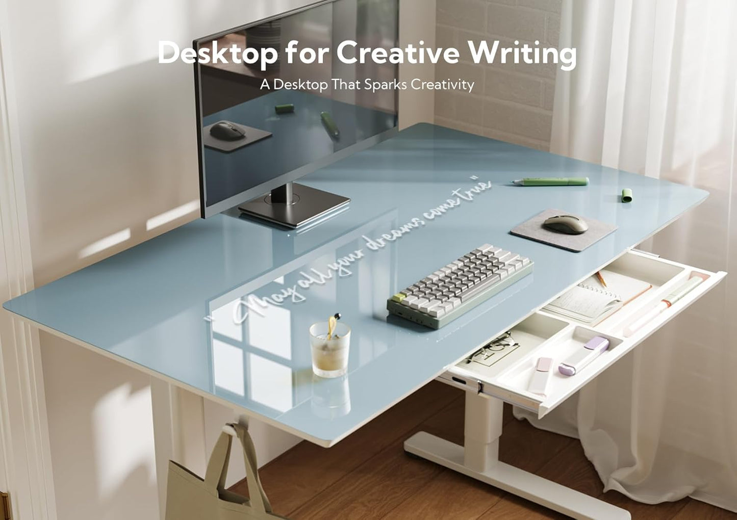 INNOVAR Glass Standing Desk with Drawers, Adjustable Height Stand Up Desk, Electric Standing Desks with Storage, 48 inch, Morandi Blue