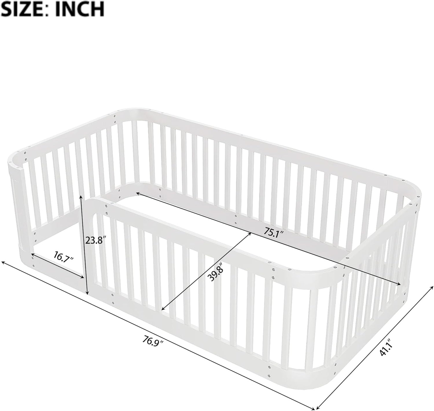 Bellemave Twin Floor Bed with High Fence and Rounded Corner Design, Wood Montessori Floor Bed with Guardrail and Entrance, Easy Assemble Montessori Bed Twin Size, White