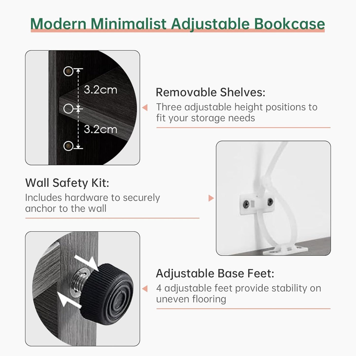 NicBex 59.8“ Heavy Dute Wood Bookcase with Adjustable Shelves, Modern Manga Bookshelf for Living Room, Office, Small Spaces, Manga and Book Shelves Storage, Tip-Over Resistant, 33" Wide Grey