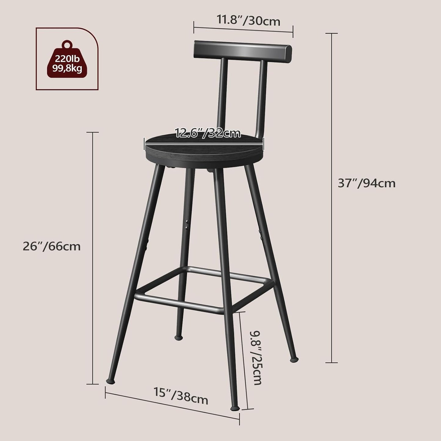 Bar Stools, Set of 2 Bar Chairs with Backrest and Footrest, 26" Tall Counter Stools, Metal Frame, Adjustable Feet, Easy Assembly, for Kitchen, Living Room, Pub, Black BAHB6001