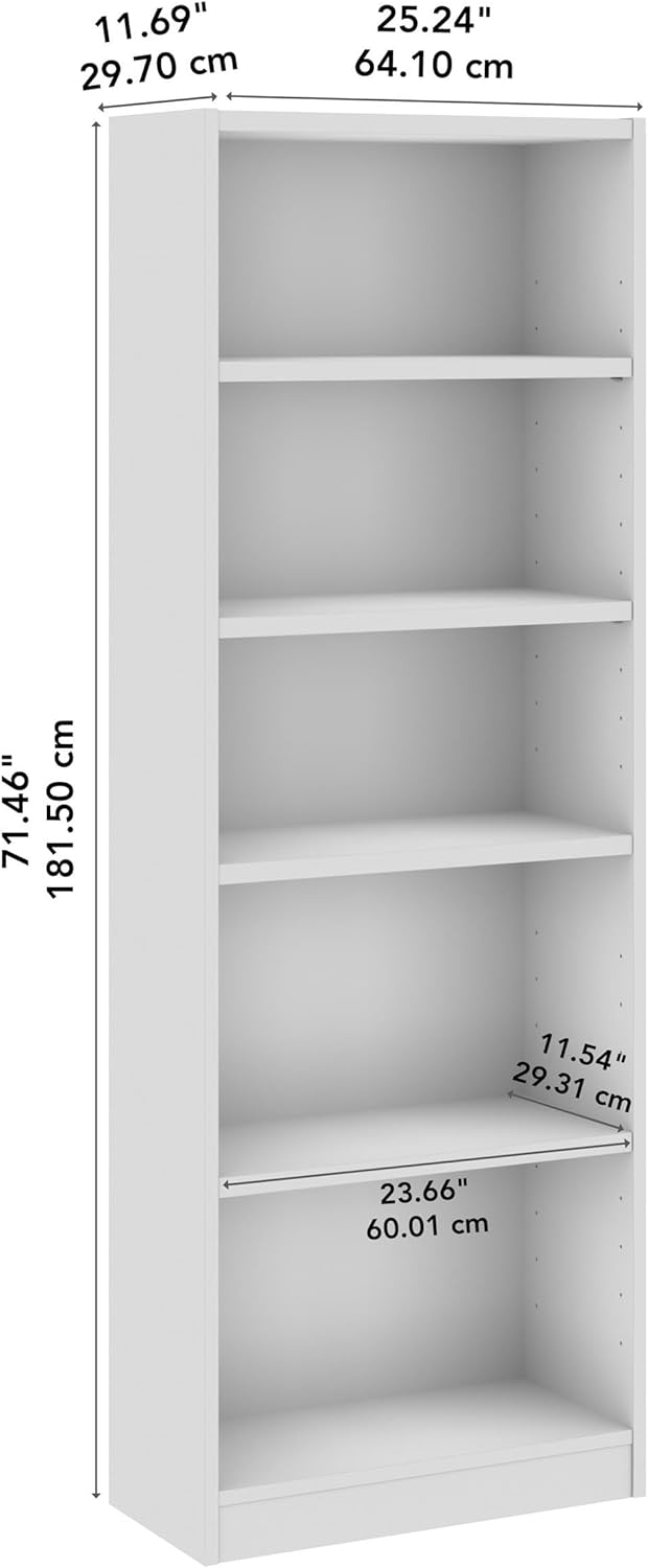 Bush Furniture Universal 25W Tall 5 Shelf Bookcase in White, Vertical Storage and Display Bookshelf for Home Office or Living Room Organization