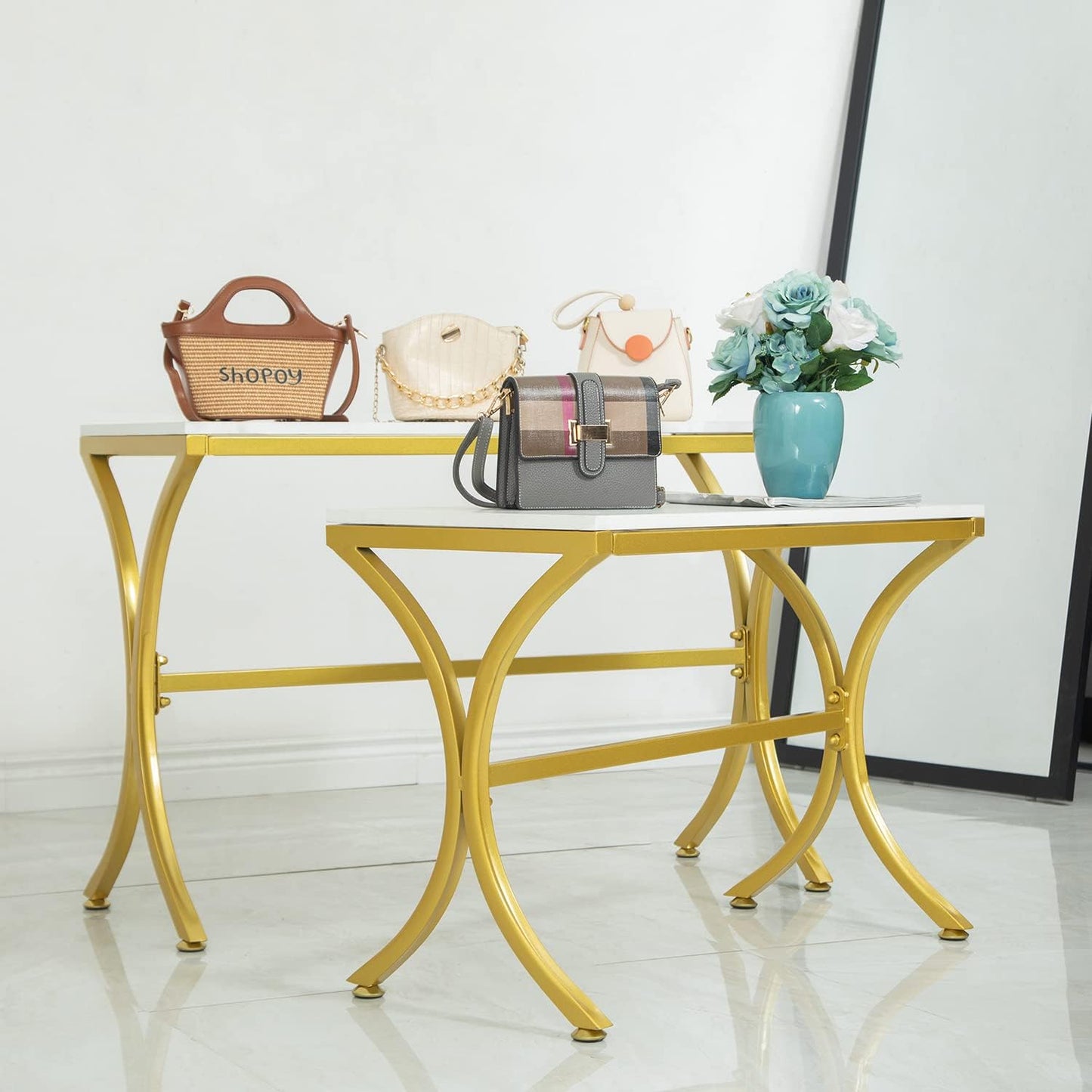 Metal Shoe Handbag Display Stand, Display Riser Shelf for Retail Store, Modern Nesting Tables 2 Piece Set, Iron and Wood, Gold