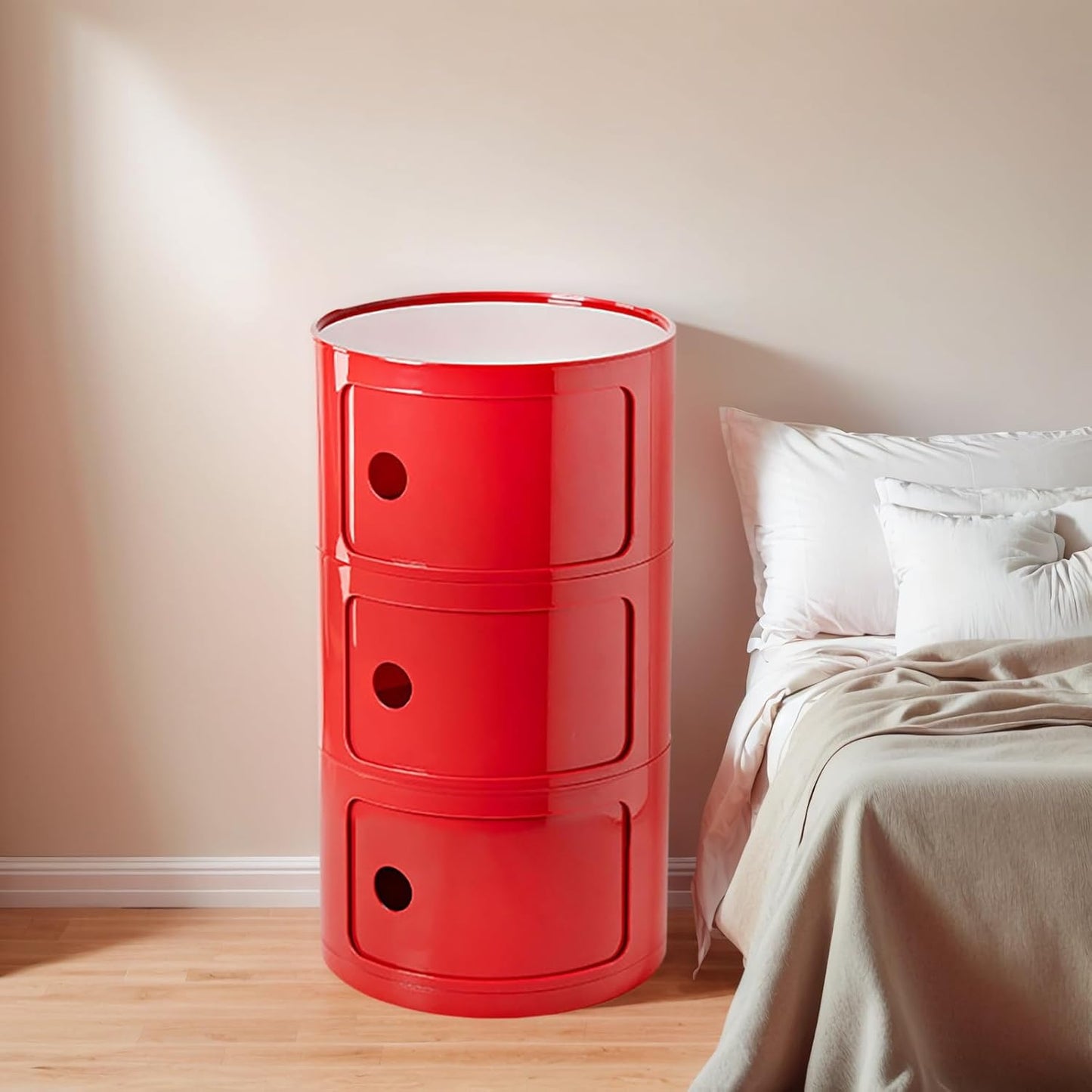 3 Tier Round Nightstand with Drawers, Red Round Side Table Small Plastic Storage End Table Suitable for Bedroom, Living Room, Bathroom (Red)