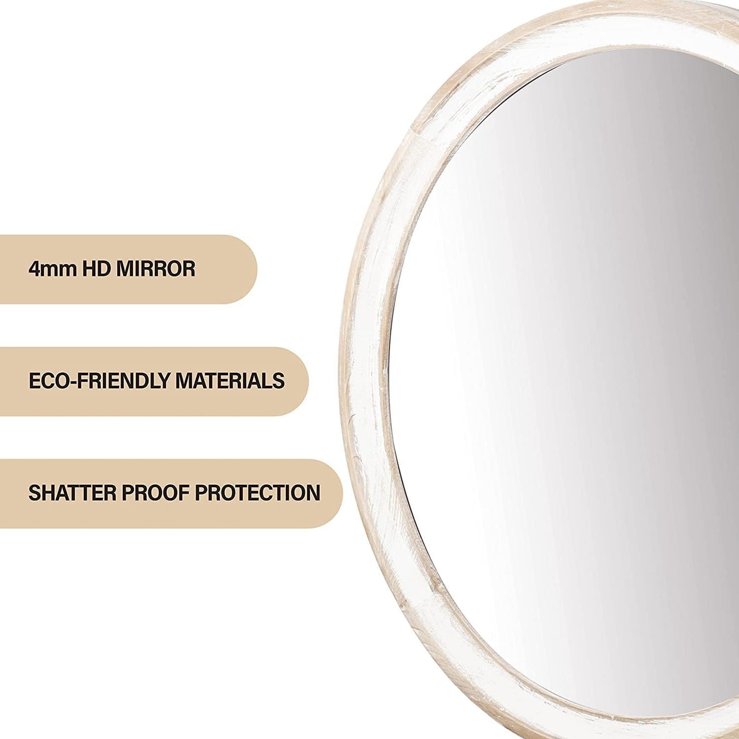 24 Inches Wooden Round Wall Mirror for Bathroom Vanity, Farmhouse Decorative Circle Mirrors with Whitewash Edge, for Bedroom, Entryway, Living Room, Kithen, Home, Office