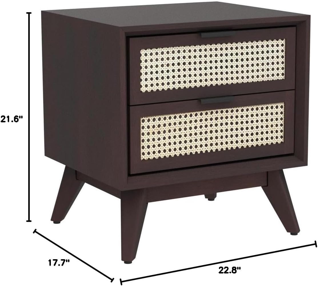 Bme Jasper Deluxe Solid Wood Rattan Nightstand Fully Assembled-Mid Century Modern Side Table with 2 Drawers-Multipurpose use for Living Room, Bedroom-Walnut