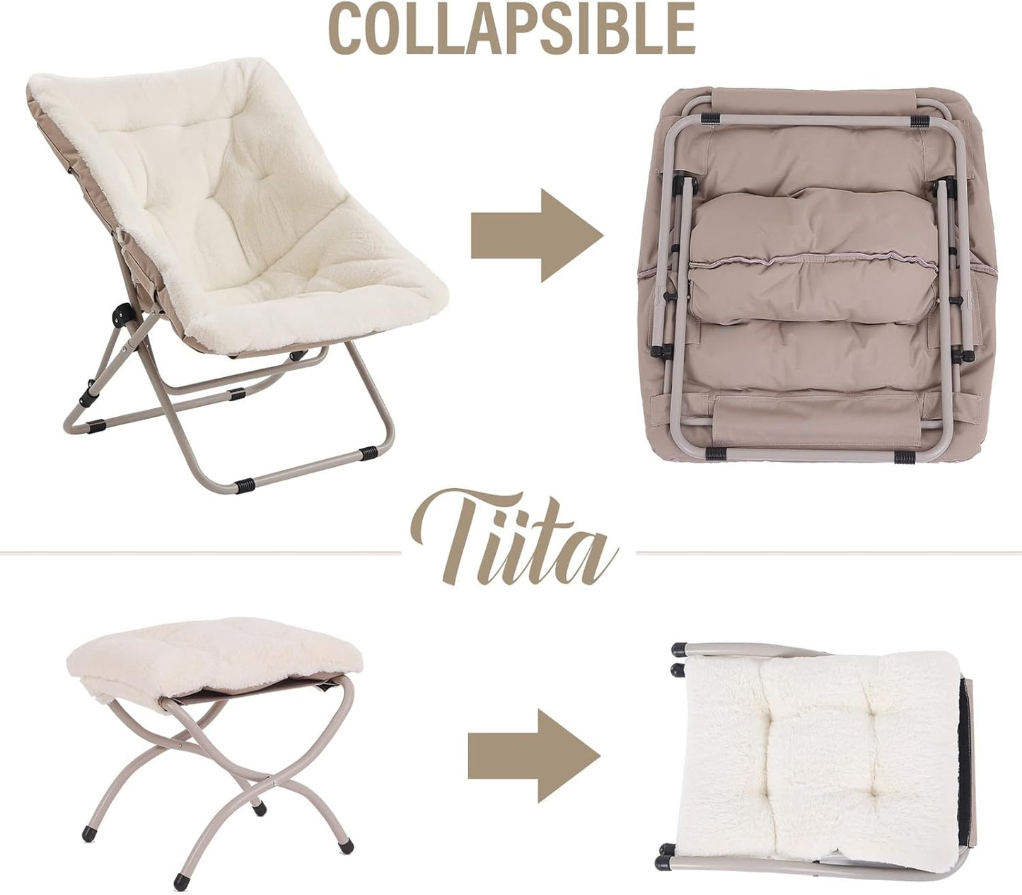 Tiita Folded Chair with Ottoman, Soft Faux Fur Oversized Folding Accent Chair,Lounge Lazy Chair, Metal Frame Moon Chair for Bedroom, Living Room, Dorm Rooms, Garden and Courtyard