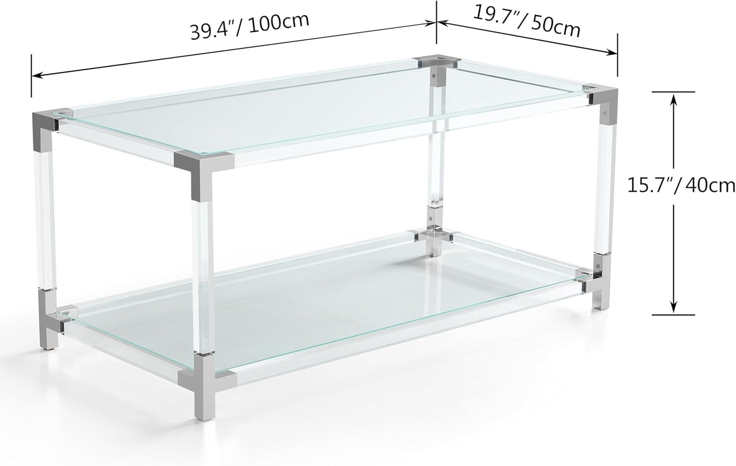 Saint Mossi 202302CR Glass Coffee Table, Double Layer Glass Coffee Table for Living Space, L41 x W21 x H16, Clear Glass Top, Clear Acrylic Leg & Chrome Frame