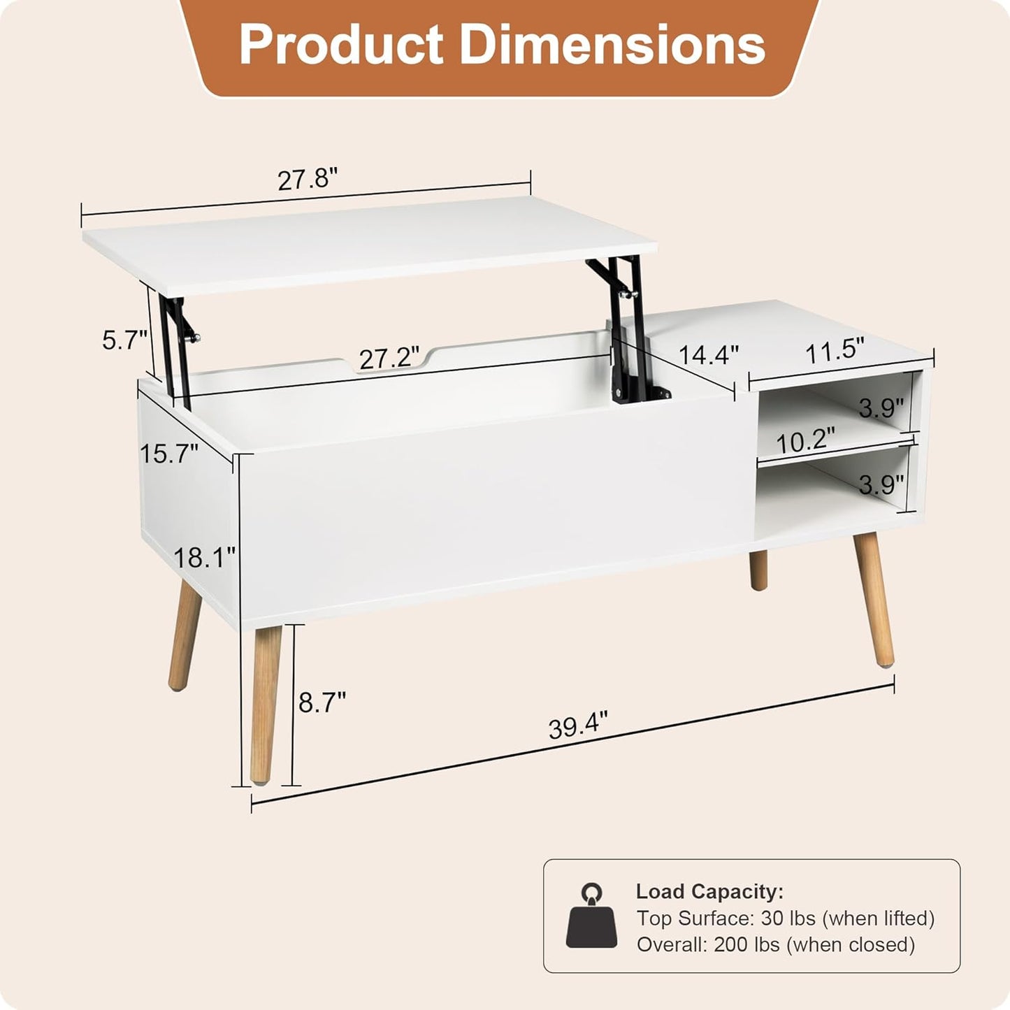ALINE FURNITURE White Coffee Table Lift Top - Coffee Table with Solid Wood Legs, Hidden Storage Compartment & Open Shelves - 40" Lift Up Coffee Tables for Living Room