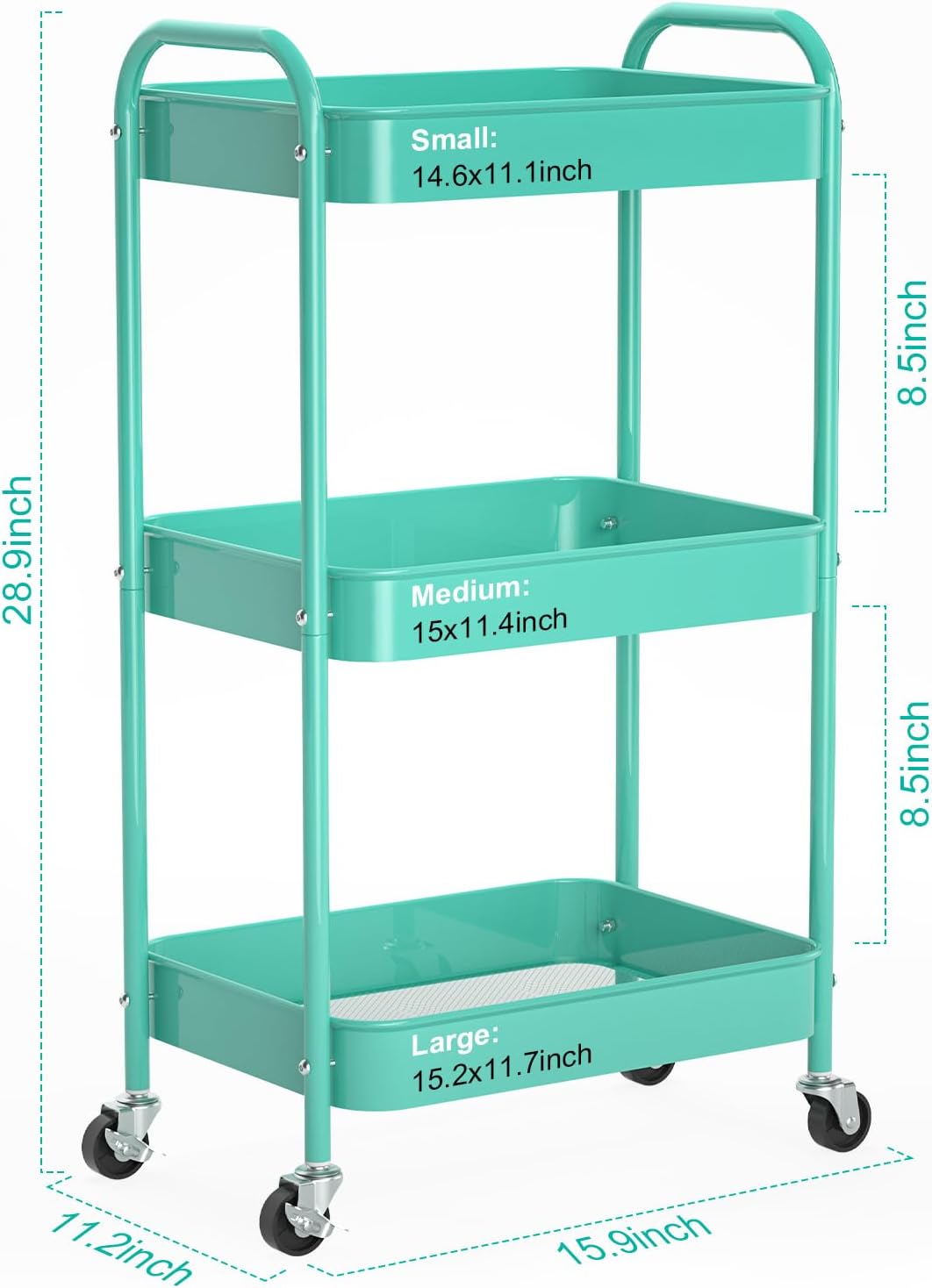 3-Tier Rolling Metal Storage Cart with Wheels, Multi-Functional Organizer for Office, Kitchen, Bathroom, Books Diapers - Easy Assembly (Blue)